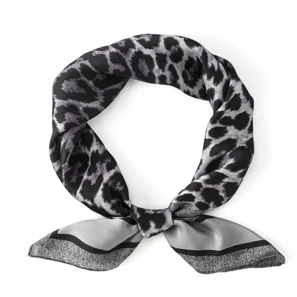 NWT Leopard Print Square Scarf Gray Silk Satin Fashion Neck Hair Accessory